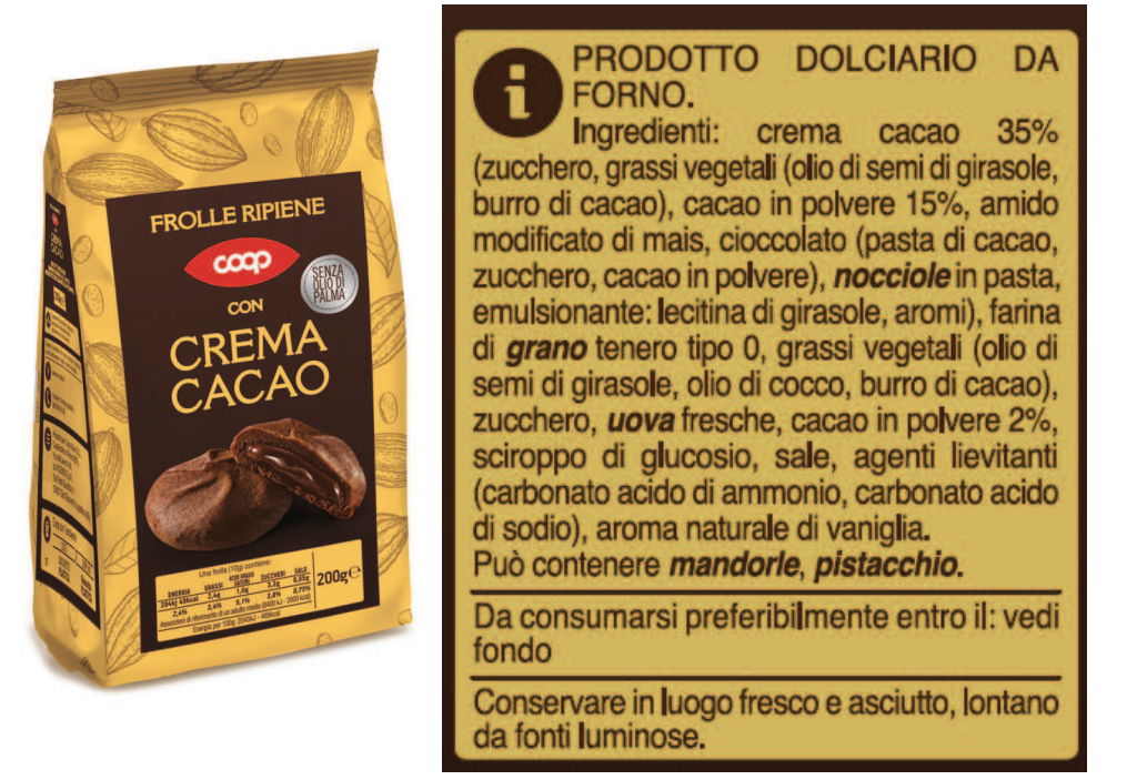 Frolle ripiene di crema cacao Vicenzi richiamate per rischio presenza di allergeni da Coop