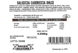 Richiamata la Salsiccia Casereccia Dolce De Luca Srl per rischio microbiologico