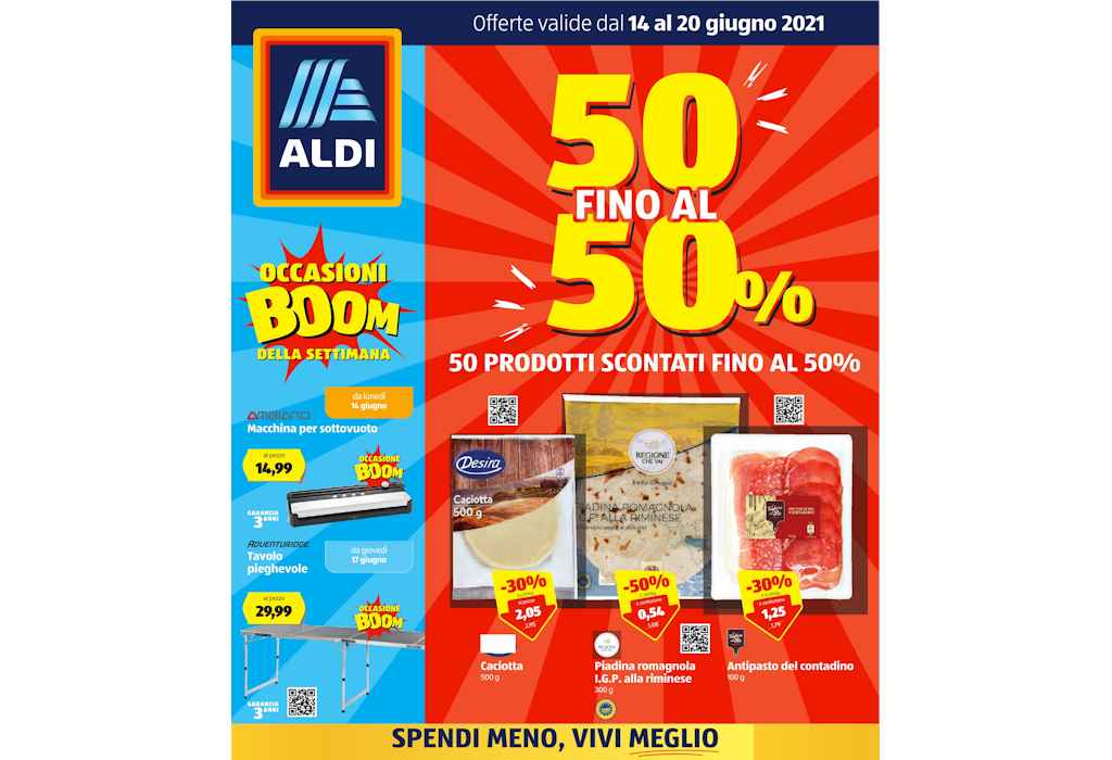 Volantino Aldi dal 14 al 20 giugno 2021: offerte 50 prodotti al 50%