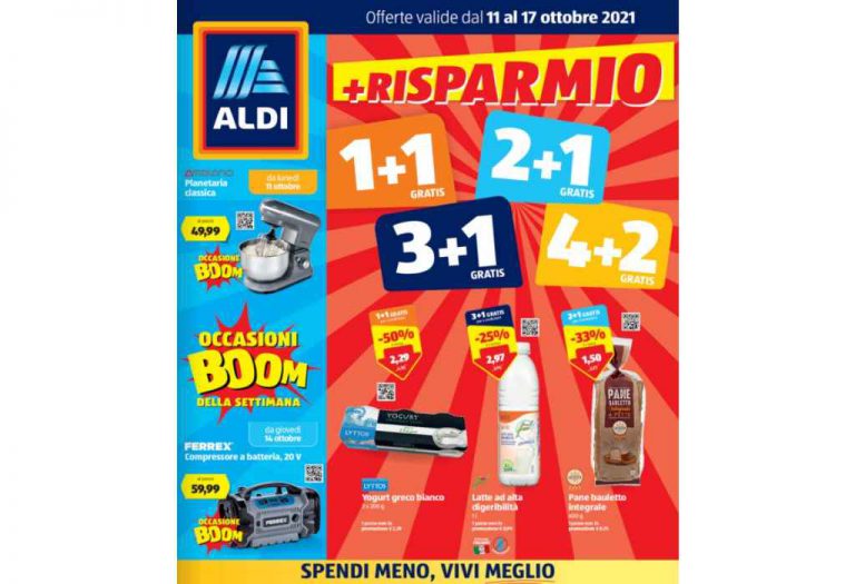 Volantino Aldi dal 11 al 17 ottobre 2021: Risparmio 1+1 gratis, 2+1 gratis, 3+1 gratis, 4+2 gratis