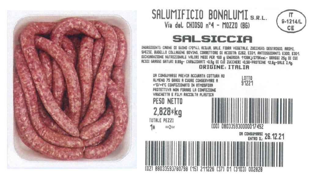 Richiamata salsiccia Lucanica per presenza di Salmonella