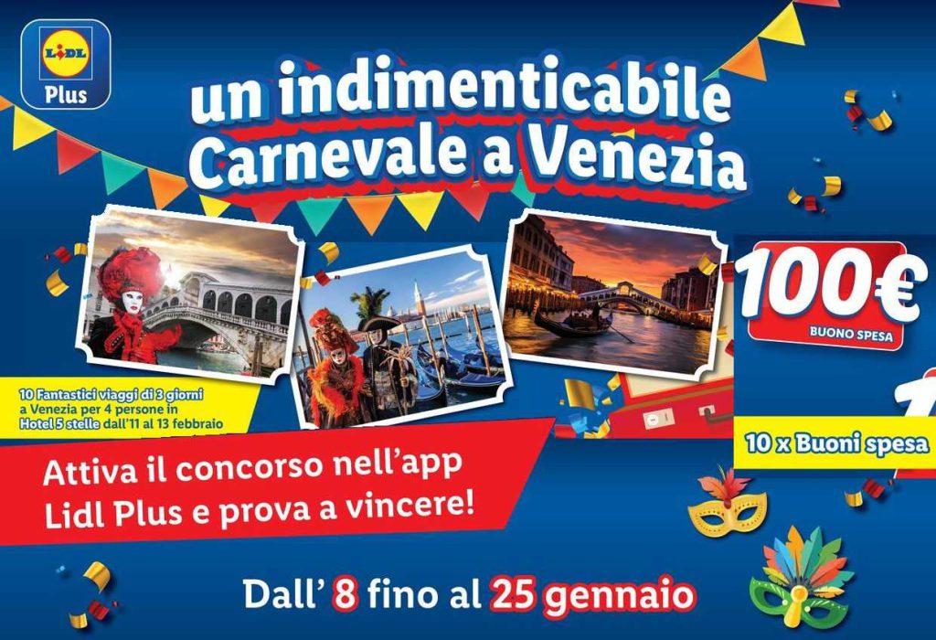 Lidl Concorso Carnevale 2024: come vincere un viaggio a Venezia e buoni spesa Lidl da 100 €
